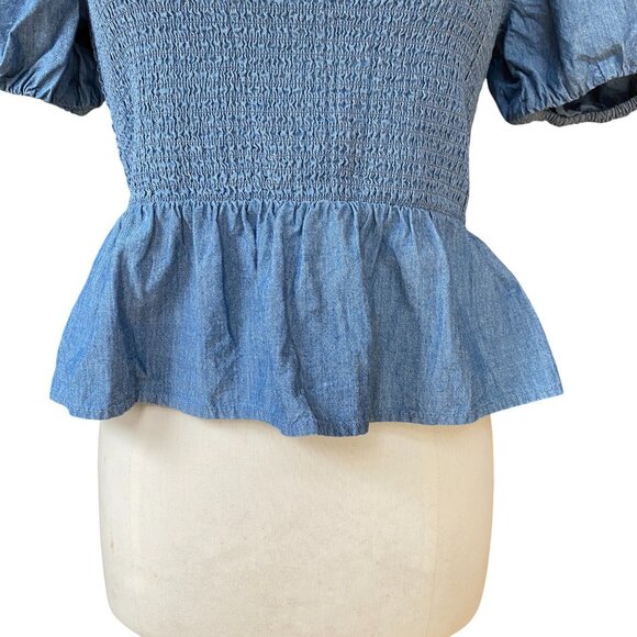 J Crew Chambray Puff Sleeve Smocked Shirt Sz M Square Neck Peplum Preppy Coast - Picture 4 of 12